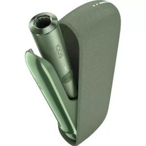 Sleek white IQOS heated tobacco device with holder and charger