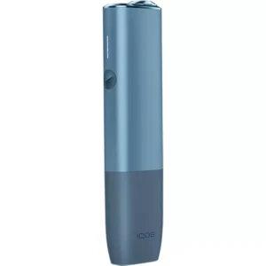 Sleek white IQOS heated tobacco device with holder and charger