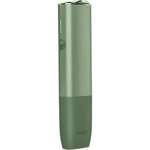Sleek white IQOS heated tobacco device with holder and charger