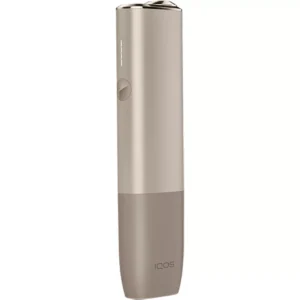 Sleek white IQOS heated tobacco device with holder and charger