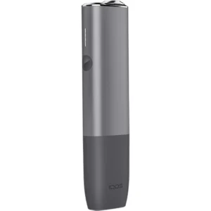 Sleek white IQOS heated tobacco device with holder and charger