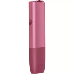 Sleek white IQOS heated tobacco device with holder and charger