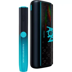 Sleek white IQOS heated tobacco device with holder and charger